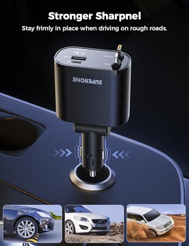 [Upgraded] SUPERONE Retractable Car Charger 4 in 1, Fast Car Phone Charger with Cord 2.6ft, USB C and Apple Car Adapter, Compatible with iPhone 17 16 15/15 Pro Max/14/13/12/11, Galaxy, Pixel