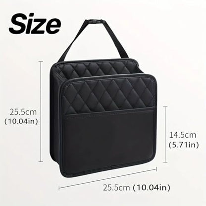 Car Seat Back Organizer, Quilted PU Leather, Multi-Pocket Storage with Umbrella Holder, Black