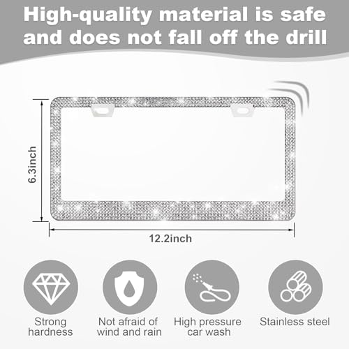 QUANQIUFEI 2 Pack Bling License Plate Frames for Women, Sparkly Rhinestone Diamond Car Accessories with Glitter Crystal Caps (Silver) - color: Silver