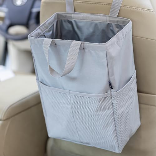 Ginsco New Leak-Proof Travel Car Trash Bag, 3.5 Gallons Large Capacity Hanging Car Trash Can with Hook and Loop Lid and Handle, Multipurpose Trash Bin with Storage Pockets for SUV RV, Atomic Silver - color: Atomic Silver, size: 3.5 Gallons
