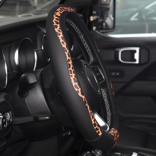 Leopard Steering Wheel Cover, Breathable Microfiber Leather Universal 14.5-15 inch for Most Automotive Steering Wheel Cheetah Print, Black