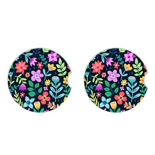 Cute Flowers Ceramic Cup Holders - Pack of 2, Keep Cup Holders Clean and Dry, Drink Cup Car Holder Coasters with A Finger Notch