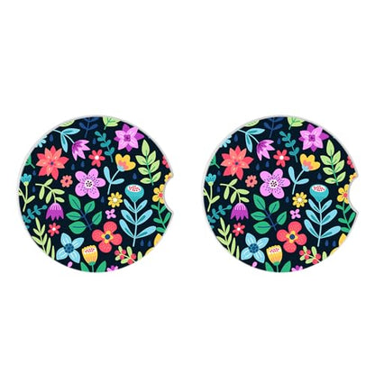 Cute Flowers Ceramic Cup Holders - Pack of 2, Keep Cup Holders Clean and Dry, Drink Cup Car Holder Coasters with A Finger Notch - color: Red Flowers 2