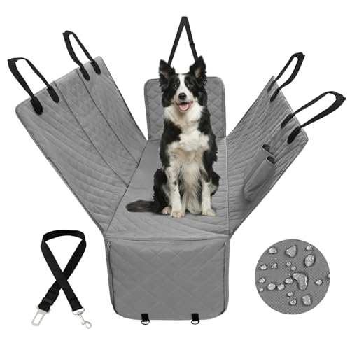 PureFit Dog Car Seat Cover for Back Seat, 100% Waterproof Dog Car Hammock with Storage Pocket, Pet Back Seat Covers Scratch Proof Nonslip Seat Protector for Cars Trucks and SUVs - Grey, Large