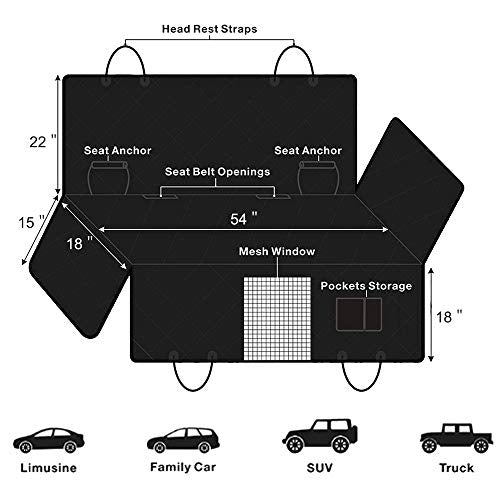 Dog Car Seat Cover, Waterproof Nonslip Pet Seat Cover for Back Seat with Storage Pockets Mesh Visual Window, Heavy Duty Scratchproof Pet Dog Seat Cover Hammock for Cars Trucks and SUVs