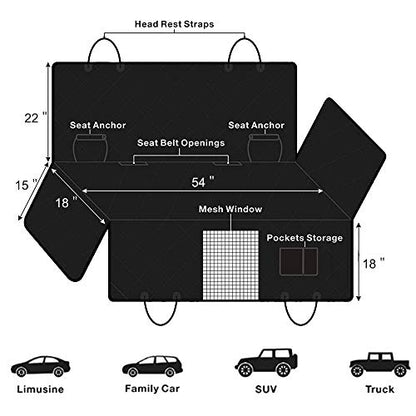 Dog Car Seat Cover, Waterproof Nonslip Pet Seat Cover for Back Seat with Storage Pockets Mesh Visual Window, Heavy Duty Scratchproof Pet Dog Seat Cover Hammock for Cars Trucks and SUVs