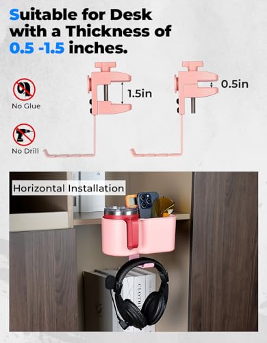 KEMIMOTO Desk Cup Holder with Headphone Hanger, 2 in 1 Caddy Organizer for Office Table, Lawn Chair, Golf Cart, Pontoon Boat, Fit for Most 18-32 oz Bottles - color: Pink
