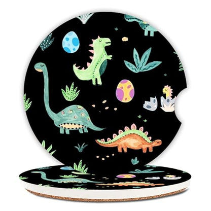 Cute Dinosaur Graffiti Ceramic Cup Holders - Pack of 2, Keep Cup Holders Clean and Dry, Drink Cup Car Holder Coasters with A Finger Notch - color: Dinosaur Graffiti