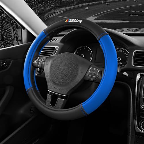 NASCAR Steering Wheel Cover, Two-Tone Blue Leather Patchwork, Universal Fit 14.5"-15.5" Steering Covers for Cars, Anti-Slip, Soft Grip, Odor-Free, Trucks & SUVs, Racing Style Interior Upgrade - color: Blue