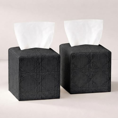 Tissue Box Cover 2-Pack, Square Tissue Holder with Bottom Belt, Modern Tissue Case Facial Paper Organizer Dispenser for Bathroom, Office, Home, Table, Car, Black, Linen Pattern - color: Black, size: Linen Pattern