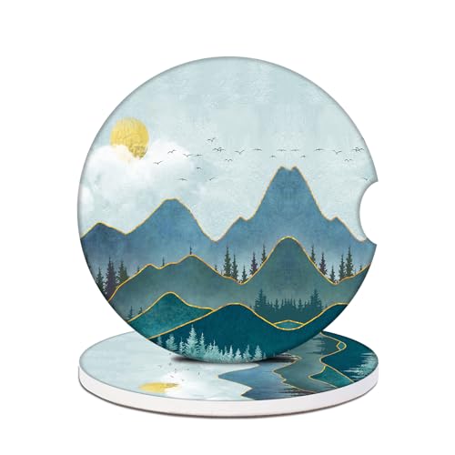 Car Cup Holders Coasters - Abstract Mountain Landscape Sun Absorbent Ceramic Coaster, Drink Cup Holder Coasters, Auto Interior Accessories for Women & Men Pack of 2 - color: Mountain Landscape