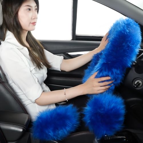 Fuzzy Genuine Sheepskin Steering Wheel Cover Set for Women Parents-Fluffy Soft Australian Merino Wool Wrap with Gear Shift and Hand Brake Covers, Cozy Stylish Luxury Car Accessories (Blue) - color: Blue