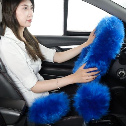Fuzzy Genuine Sheepskin Steering Wheel Cover Set for Women Parents-Fluffy Soft Australian Merino Wool Wrap with Gear Shift and Hand Brake Covers, Cozy Stylish Luxury Car Accessories (Blue) - color: Blue