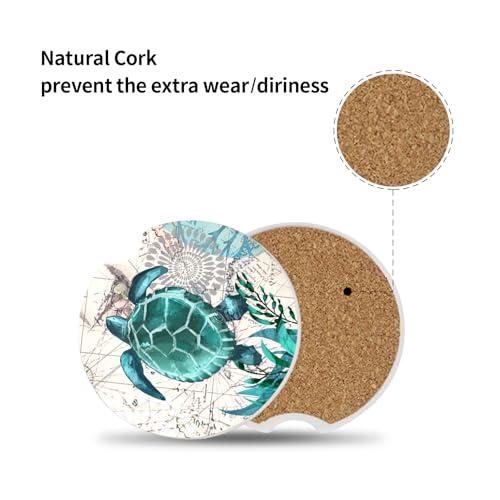 2 Pack Sea Turtles Pattern Absorbent Car Coasters for Cup Holders,2.56" Ceramic Coasters with Cork Back and Finger Slot,Auto Accessories for Women & Men. - color: Sea Turtles 1