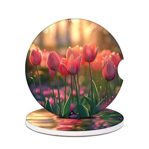 2 Pack Car Cup Holder Coasters - Pink Tulip Flowers Absorbent Ceramic Coaster, Car Coasters for Cup Holders, Car Interior Accessories for Women Men - color: Tulip Flowers