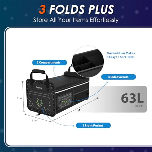 63L Car Trunk Organizer for SUVs & Small/Midsize Cars - Fluorescent Design, Waterproof, Collapsible with Adjustable Straps (Black-M004)