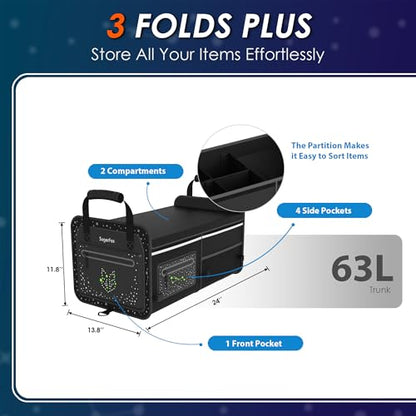 63L Car Trunk Organizer for SUVs & Small/Midsize Cars - Fluorescent Design, Waterproof, Collapsible with Adjustable Straps (Black-M004)
