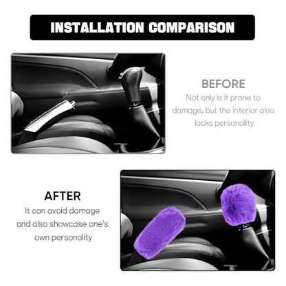 Hovom 2PCS Fluffy Car Gear Shift Knob Cover & Handbrake Cover, Soft Plush Hand Brake Handle & Gear Shift Cover for Women Girls, Universal Comfortable Warm Furry Car Accessories (Purple) - color: Purple
