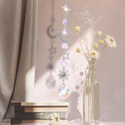 Moon and Star Rear View Mirror Car Charm, Cute Boho Sun Catcher Pendant Hangings Ornaments Healing Crystals Stones Car Decor for Women Men(B)