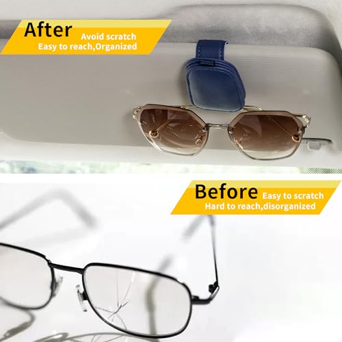 Yuoyar Sunglass Holder for Car, Magnetic Leather Sunglasses Holder and Ticket Card Clip, Car Visor Accessories, 2 Packs (Blue) - color: Blue