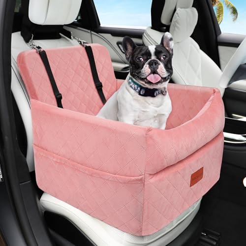 Dog Car Seat for Small Medium Dogs, Memory Foam Puppy Dog Booster Seat with Thick Cushion for Dogs Under 35lbs, Detachable Washable Pet Car Seat Travel Bed with Storage Pockets,2 Safety Belts - color: Pink