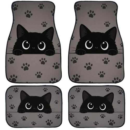 Black Cat Car Floor Mats Set of 4 Cute Paw Minimal Cartoon Automotive Foot Mats Rugs Carpet for Car Non-Slip Auto Car Accessories Universal Fit for Car SUV Truck Van - color: Black Cat