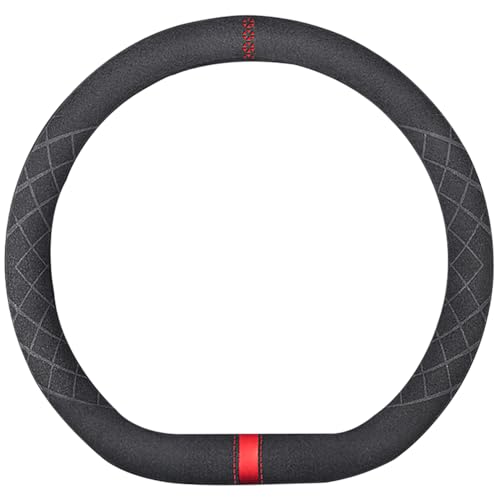 Suede Car Steering Wheel Cover,Soft Suede Touch Leather Sport Non-Slip Automotive Interior Accessories 15 inch Universal Design for Man and Ladies D-Shape - color: Fit Universal D Shape Suede Red Mark in Black, size: 15 inch