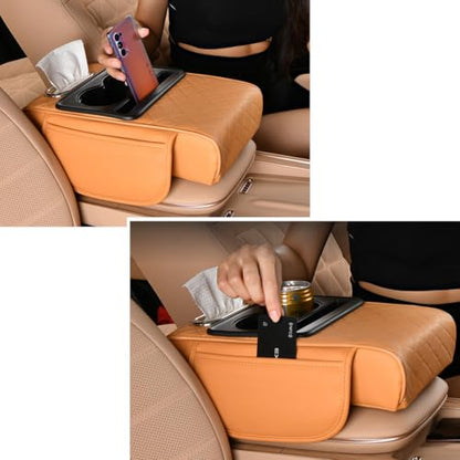 Car Armrest Cushion,5-in-1 Center Console Cover with 2 Storage Bags Cup Holder, Tissue Box Slot, Phone Slot for Sedans, Car Accessories Interior Organizers (Pink)