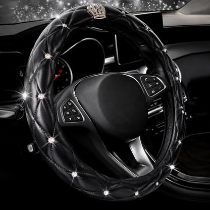 Bling Rhinestone Car Steering Wheel Cover for Women,PU Leather Crystal Diamonds Crown Steering Wheel Covers Non-Slip Universal 15"/38 cm (Crown) - color: Crown