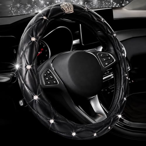 Bling Rhinestone Car Steering Wheel Cover for Women,PU Leather Crystal Diamonds Crown Steering Wheel Covers Non-Slip Universal 15"/38 cm (Crown) - color: Crown