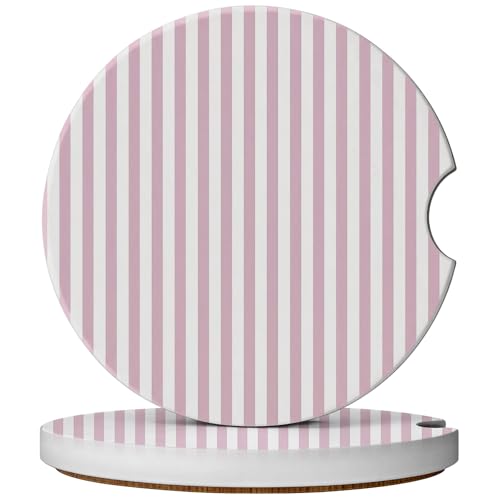 2 Pack Car Coasters for Cup Holders, Absorbent Ceramic Cup Coaster with Cork Base and Finger Notch, Cute Car Accessories Interior for Women Men - color: Pink Stripes