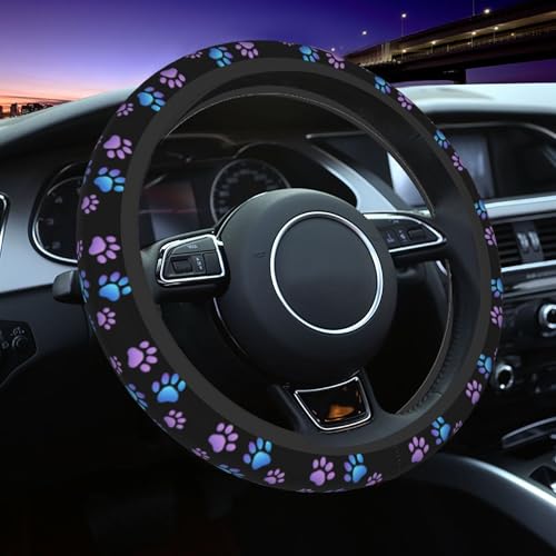 Purple Dog Paw Print Steering Wheel Cover Blue Dogs Prints Anti-Slip Breathable Universal for 14-15 Inch Car with 2 Pieces Car Coasters for Men/Women - color: Purple Dog