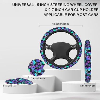 Neon Skull and Flower Steering Wheel Cover with 2 Pcs Car Coasters Neoprene Steering Wheel Cover for Women Men Anti-Slip Breathable Car Accessories Universal 15 Inch Fit Auto Cars Trucks - color: Neon Skull and Flower