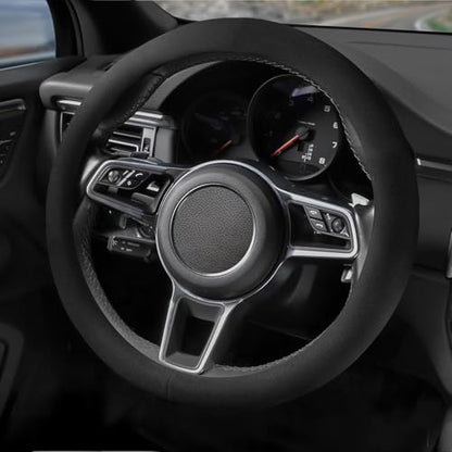 Suede Steering Wheel Cover with Upgraded Silicone Inner Ring, Anti Heat, Breathable, Anti-Slip, Leather Universal 14.5 to 15 inch Steering Wheel Cover (Pure Black) - style: Pure Black