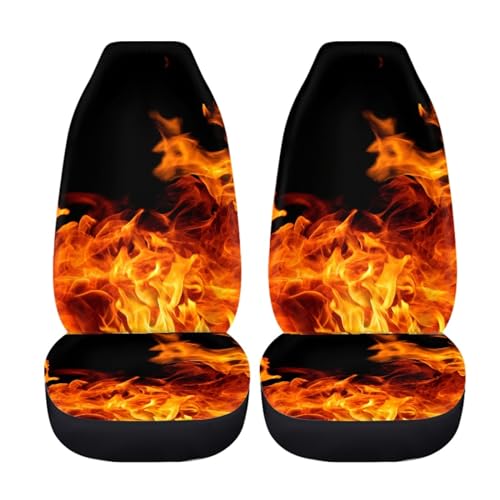 FUSURIRE Automotive Seat Covers Full Set of 4 Pcs, Orange Flame Print Front Seat Cover and Rear Bench Cover, Novelty Car Accessories Universal Fit - color: Orange Flame Print