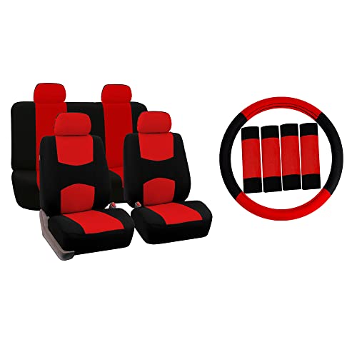 FH Group Car Seat Covers Flat Cloth Automotive Red Full Set, Rear Solid Bench Universal Fit Combo Steering Wheel Cover & Seat Belt Pads Car Seat Protector for Cars Trucks SUV Interior Accessories - color: Red / Black