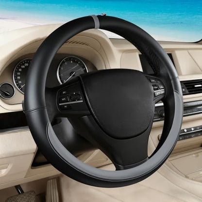 Black Gray Car Steering Wheel Cover, Nappa Leather, Bottom Color Blocking, Universal 14.5-15 Inch Leather Anti-Slip Breathable Auto Steering Wheel Covers for Men Women - color: Black Gray