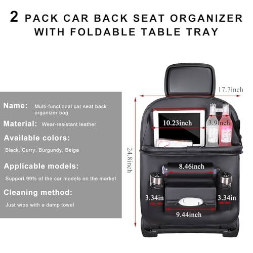 2PCS Car Backseat Organizer, Leather Multi-Pocket Seat Back Protector with Foldable Table Tray, Multifunctional Vehicle Storage Organizer Kick Mat for Kids Toddler Travel (Black)
