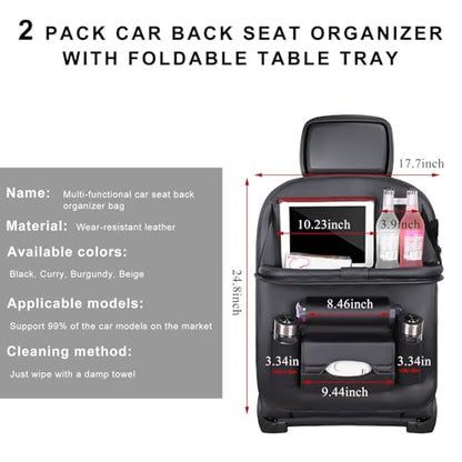 2PCS Car Backseat Organizer, Leather Multi-Pocket Seat Back Protector with Foldable Table Tray, Multifunctional Vehicle Storage Organizer Kick Mat for Kids Toddler Travel (Black)