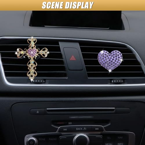 2PCS Bling Cross & Heart Car Dashboard Air Vent Trim Clip, Sparkly Rhinestone Car Air Vent Clips, Diamond Auto Diffuser Charm Clip, Auto Interior Decoration Accessory for Women Girls (Purple) - size: Purple