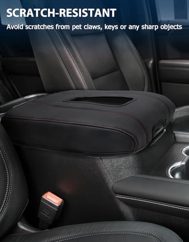 Center Console Cover for Chevy Silverado 1500 Accessories & GMC Sierra 2019-2026, Yukon & Tahoe & Suburban 2021-2026, Bucket Seat, PU Leather Armrest Middle Console Cover, Black-Red Stitch - color: Black red