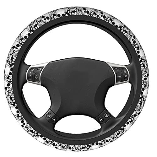 Skull Steering Wheel Cover Non Slip Black and White Neoprene Steering Wheel Protector Covers Universal 15 inch for Women Men Car Accessories - color: Black3