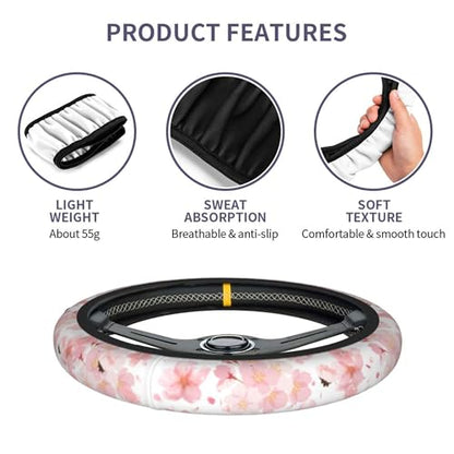 Pink Cherry Blossom Steering Wheel Cover - Beautiful Bsakura Steering Wheel Car Accessories Universal 15 Inch Cute Steering Wheel Cover Girls Women Men Anti Slip Breathable Wheel Cover Protector - color: Pink Cherry