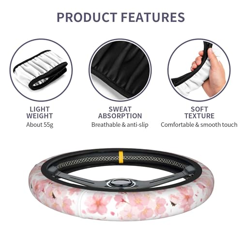 Pink Cherry Blossom Steering Wheel Cover - Beautiful Bsakura Steering Wheel Car Accessories Universal 15 Inch Cute Steering Wheel Cover Girls Women Men Anti Slip Breathable Wheel Cover Protector - color: Pink Cherry
