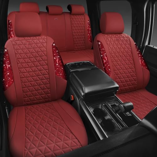 CAR PASS Bling Diamond Burgundy Leather Car Seat Covers Full Sets Interior Sets, Waterproof Shining Glitter Sparkly Crystal Universal Armrest Fit Automotive Truck SUV Cute Women Girl, Red Rhinestone - color: Burgundy Rhinestone, size: Full Set