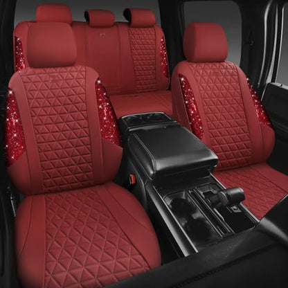 CAR PASS Bling Diamond Burgundy Leather Car Seat Covers Full Sets Interior Sets, Waterproof Shining Glitter Sparkly Crystal Universal Armrest Fit Automotive Truck SUV Cute Women Girl, Red Rhinestone - color: Burgundy Rhinestone, size: Full Set