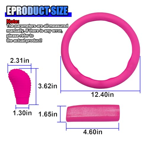 3PCS Silicone Car Steering Wheel Cover Set, Anti-Slip Car Steering Wheel & Handbrake & Gear Shift Cover, Universal Auto Interior Decoration Protector for Most Vehicles (Rose Red)