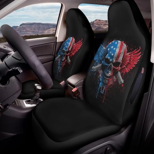 Skull American Flag Printed Car Seat Cover Front Seats Only, Waterproof Car Front Seat Covers Compatible with Airbag, All Weather Protector, Universal Fits Auto Interior Accessories - color: Black and Red - Skull American Flag