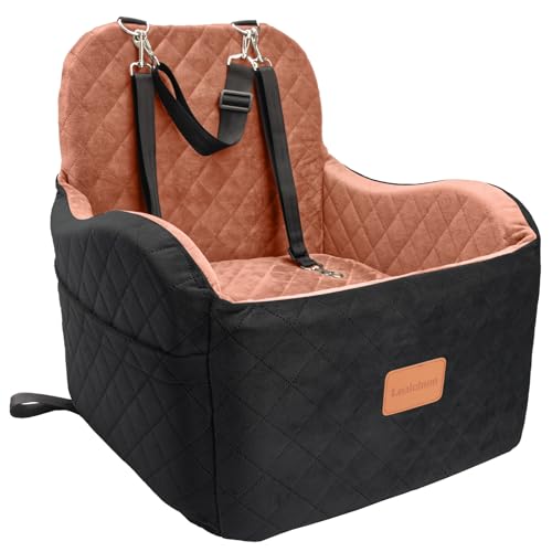 Lealchum Dog Booster Car Seat for S/M Dogs Up to 35lbs,Soft 6in Elevated Cushion,Fits in Front/Back Seat,Fully Detachable and Washable,2 Storage Pockets & 3 Straps,Easy to Install (Black/Brown,Medium) - color: Black/Brown