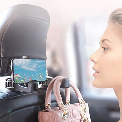 Car Headrest Hook with Phone Holder, Universal 360 Rotation Headrest Hooks for Purses and Bags (Silver) - color: Silver